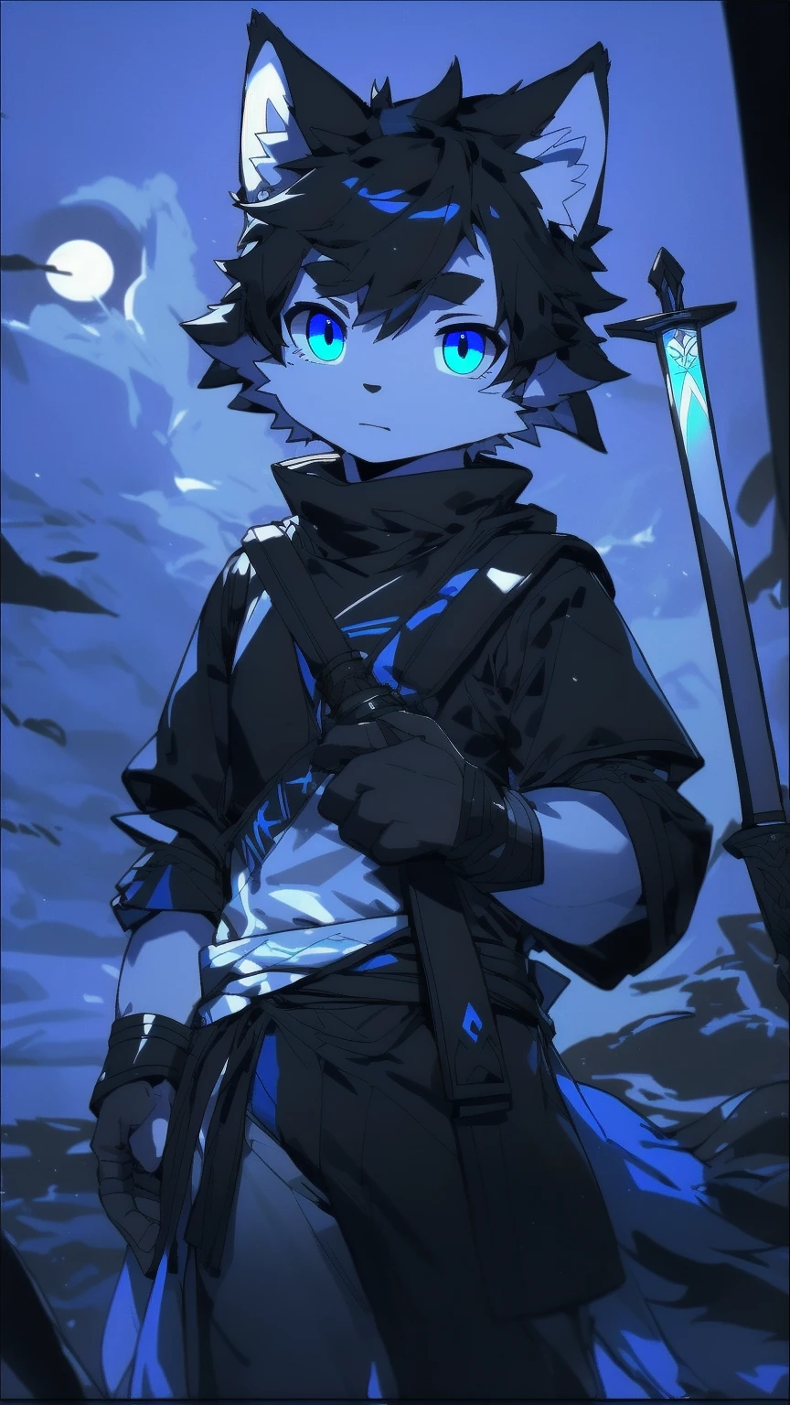 White Wolf,black hair,Sky blue eyes,hairy,Wolf ears,Wolf tail,Full body portrait,The character is in the center of the frame,Handsome,Confident eye***but,juvenile,Black and white combat uniform,Red neck bib,Black shorts,Short sleeve,hairy arms and legs,Dark background,Dark battlefield,dawn,sunrise,dawn,illumination,shadow,Swordsman,Scabbard and Hold the hilt of a in your hand,The scabbard is at the waist,Highest quality,A tall stature