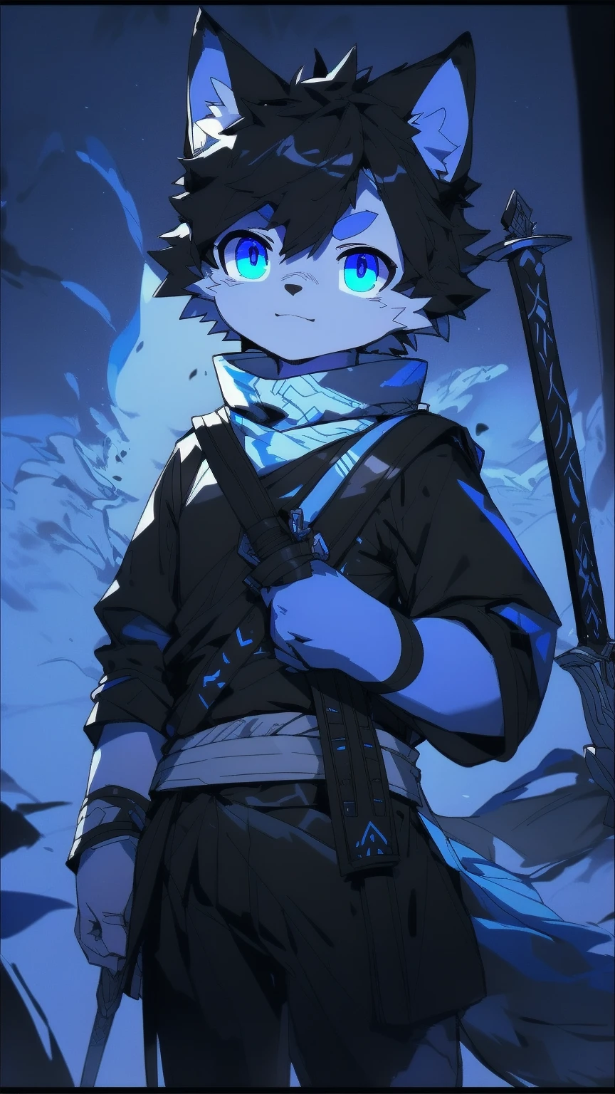 White Wolf,black hair,Sky blue eyes,hairy,Wolf ears,Wolf tail,Full body portrait,The character is in the center of the frame,Handsome,Confident eye***but,juvenile,Black and white combat uniform,Red neck bib,Black shorts,Short sleeve,hairy arms and legs,Dark background,Dark battlefield,dawn,sunrise,dawn,illumination,shadow,Swordsman,Scabbard and Hold the hilt of a in your hand,The scabbard is at the waist,Highest quality,A tall stature