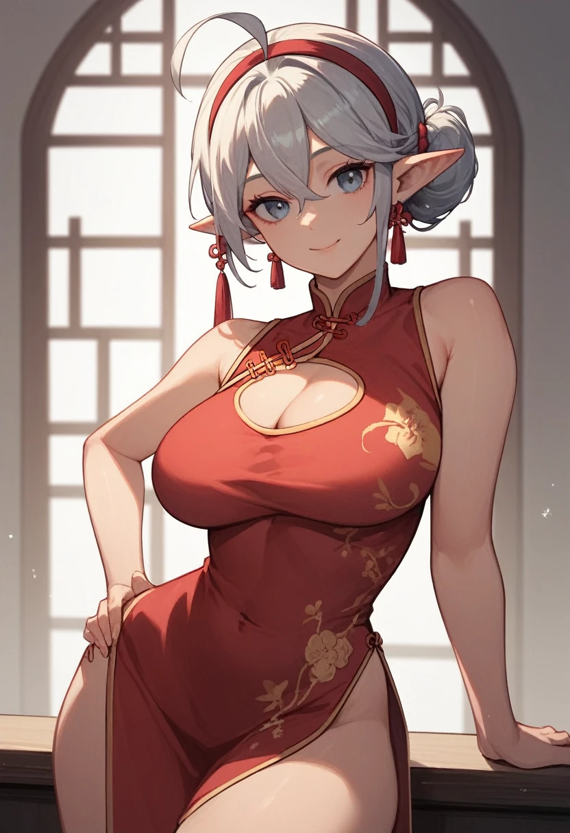 masterpiece,Highest quality,High resolution,Super detailed,courage \(star\),Pointed Ears,lupong hair,Ahoge,Red Hairband,Bare shoulders,China dress,Chinese clothing,Short dress,Cleavage cutout,Side bust,Thighs,hand_upon_Hip,Wrinkles_amount,indoor,