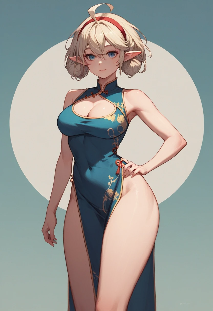 masterpiece,Highest quality,High resolution,Super detailed,courage \(star\),Pointed Ears,lupong hair,Ahoge,Red Hairband,Bare shoulders,China dress,Chinese clothing,Short dress,Cleavage cutout,Side bust,Thighs,hand_upon_Hip,Wrinkles_amount,indoor,