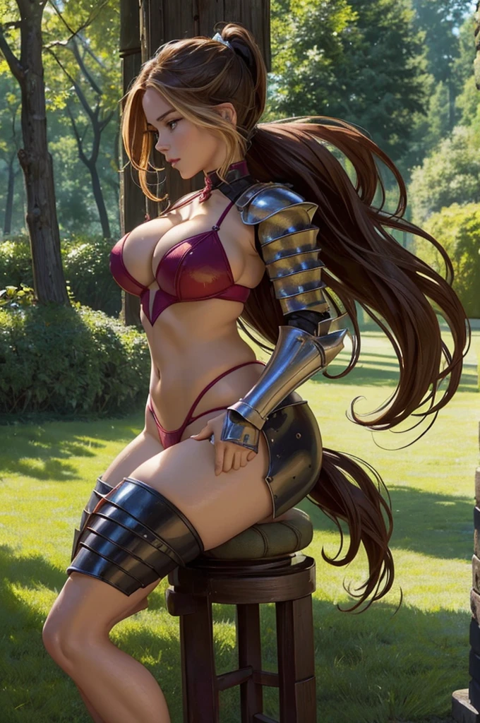 top-quality、ultra-detailliert1 sex female、(((High-leg armor)))、sex micro bikini arm with Cleavage View、pony tail hairstyle、Has a huge sword、The background is the forest、Shynes.