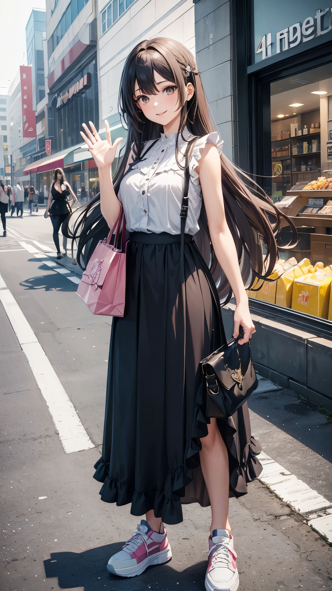 a girl with long flowing hair,5 fingers,smiling and waving, wearing a casual sleeveless blouse with frills and a long maxi skirt, holding a shoulder bag,sneaker,standing outside a shopping mall,photorealistic, 4k, hyperdetailed, high quality
