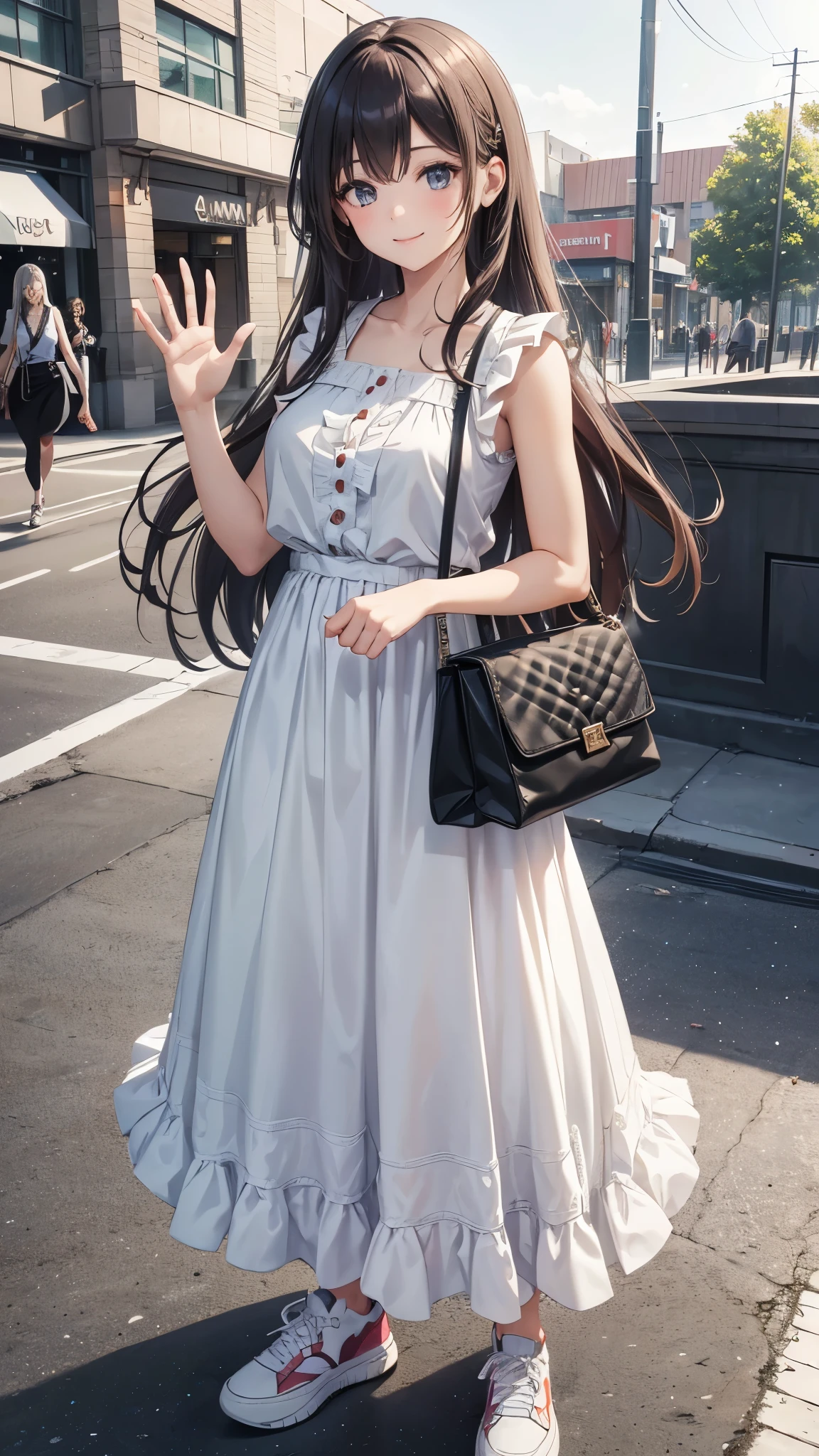 a girl with long flowing hair,5 fingers,smiling and waving, wearing a casual sleeveless blouse with frills and a long maxi skirt, holding a shoulder bag,sneaker,standing outside a shopping mall,photorealistic, 4k, hyperdetailed, high quality