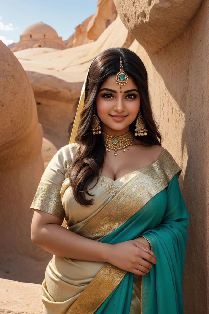 1 Heavenly beautiful and goddess beauty cute and sweet looking face Arabian woman in Marble Caves in Chile, Heavenly beautiful Overweight, Heavenly beautiful Extremely fat, Heavenly beautiful and attractive Chubby figure , Heavenly beautiful looking and eye catching luxury style traditional Indian saree , reaching out, Heavenly beautiful Arabian woman, 16k, High resolution, masterpiece, highest quality, fine skin, outside view, Realistic Photograph, close up figure view, Heavenly beautiful smile face