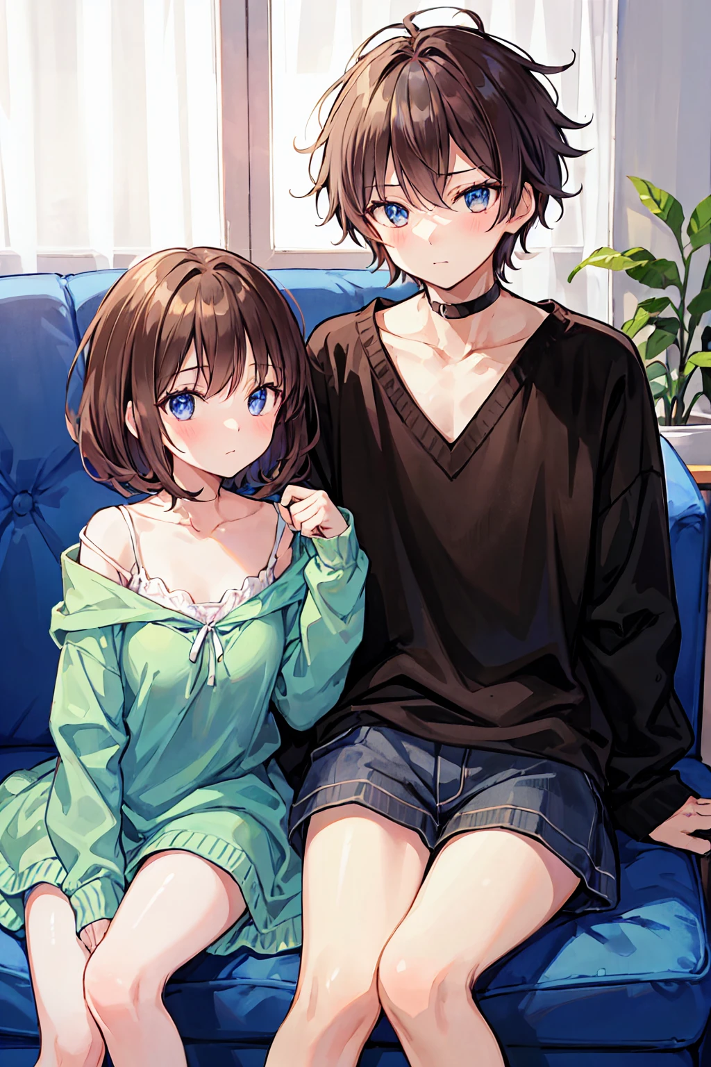 Couple in their 20ale1名, woman1名、Both men and women should wear casual attire.、Shiny atmosphere、woman(Medium long brown hair)close ~ eye、Sweet Sigh、male(Black Short Hair、右手をwomanの頬に当てる)tightly close your eye、With background(room、sofa)、The night deepens、dark、Anatomically correct limbs、The girl is a little thin,fun,Ideal couple,