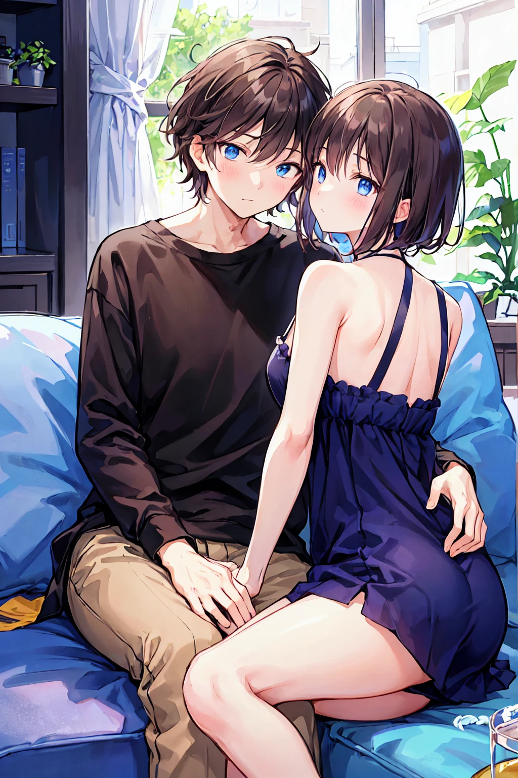 Couple in their 20ale1名, woman1名、Both men and women should wear casual attire.、Shiny atmosphere、woman(Medium long brown hair)close ~ eye、Sweet Sigh、male(Black Short Hair、右手をwomanの頬に当てる)tightly close your eye、With background(room、sofa)、The night deepens、dark、Anatomically correct limbs、The girl is a little thin,fun,Ideal couple,