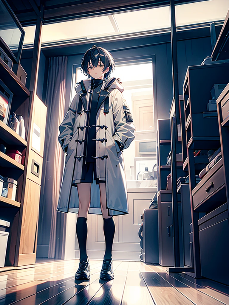 Transparent long duffle coat、underwear、Black high socks
