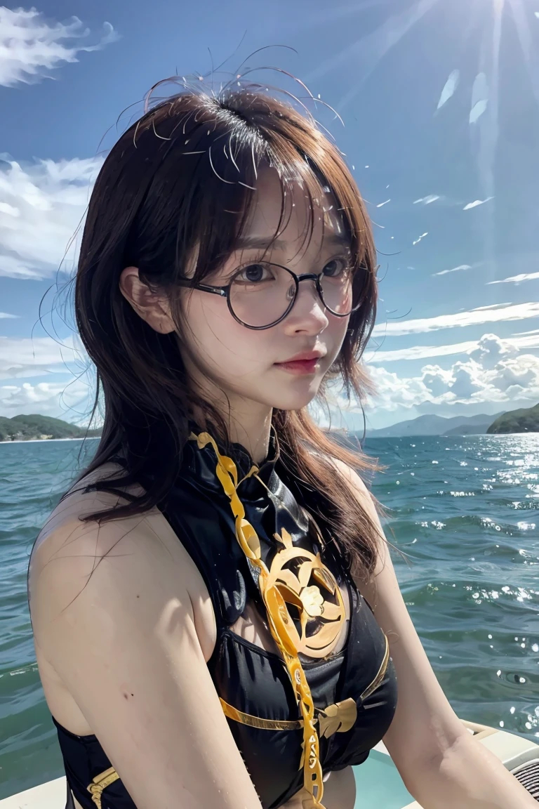 Girl wearing black round glasses wearing sexy anime style swimsuit , ocean blue , Cosplay garyu Genshin impact 