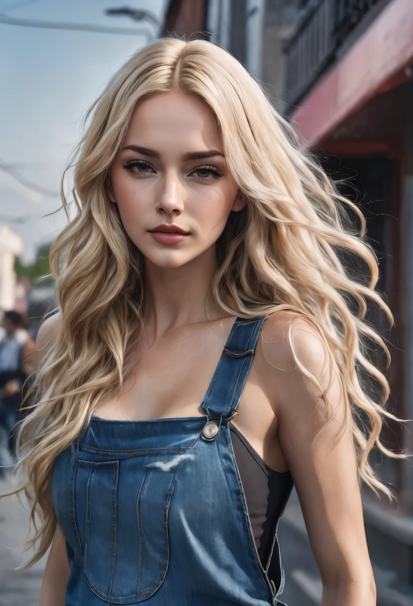 An attractive woman with long, wavy blonde hair, Youngh, semi-tied hair, curved, sexly, cropped rosa, jeans, hyper realistic absurdity, CRU photo, UltraHD 8K, high qualiy, film grain, (highly detailed skin:1.2)
