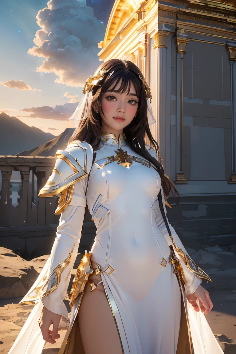 ((masterpiece, best quality, extremely detailed), volumetric lighting, ambient occlusion, colorful, glowing), 1girl, solo, young girl, (dark hair), long hair, halo, aura, sacred, goddess, cleric suit, (white outfit with gold detailst:1.3), armor, outdoors, sunset, sky, clouds, space, (fantasy theme:1.2), full armor