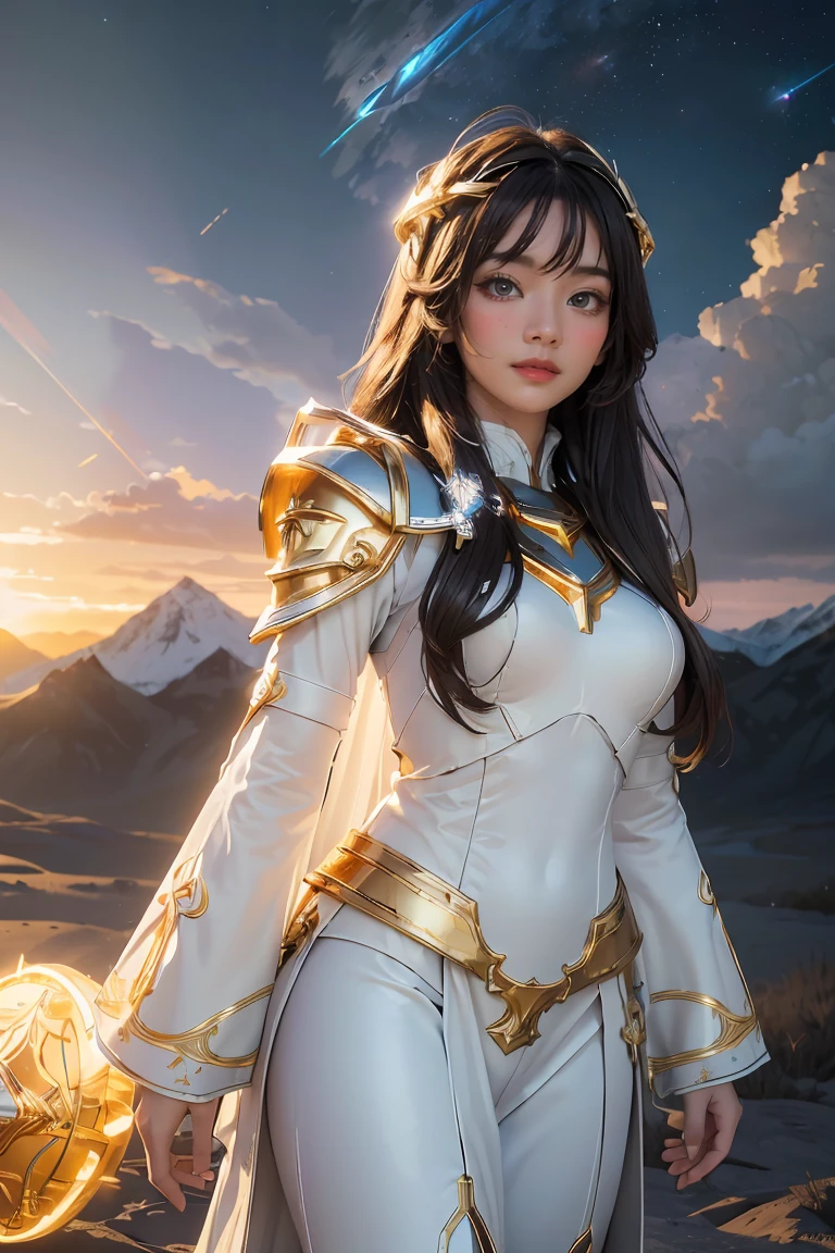 ((masterpiece, best quality, extremely detailed), volumetric lighting, ambient occlusion, colorful, glowing), 1girl, solo, young girl, (dark hair), long hair, halo, aura, sacred, goddess, cleric suit, (white outfit with gold detailst:1.3), armor, outdoors, sunset, sky, clouds, space, (fantasy theme:1.2), full armor