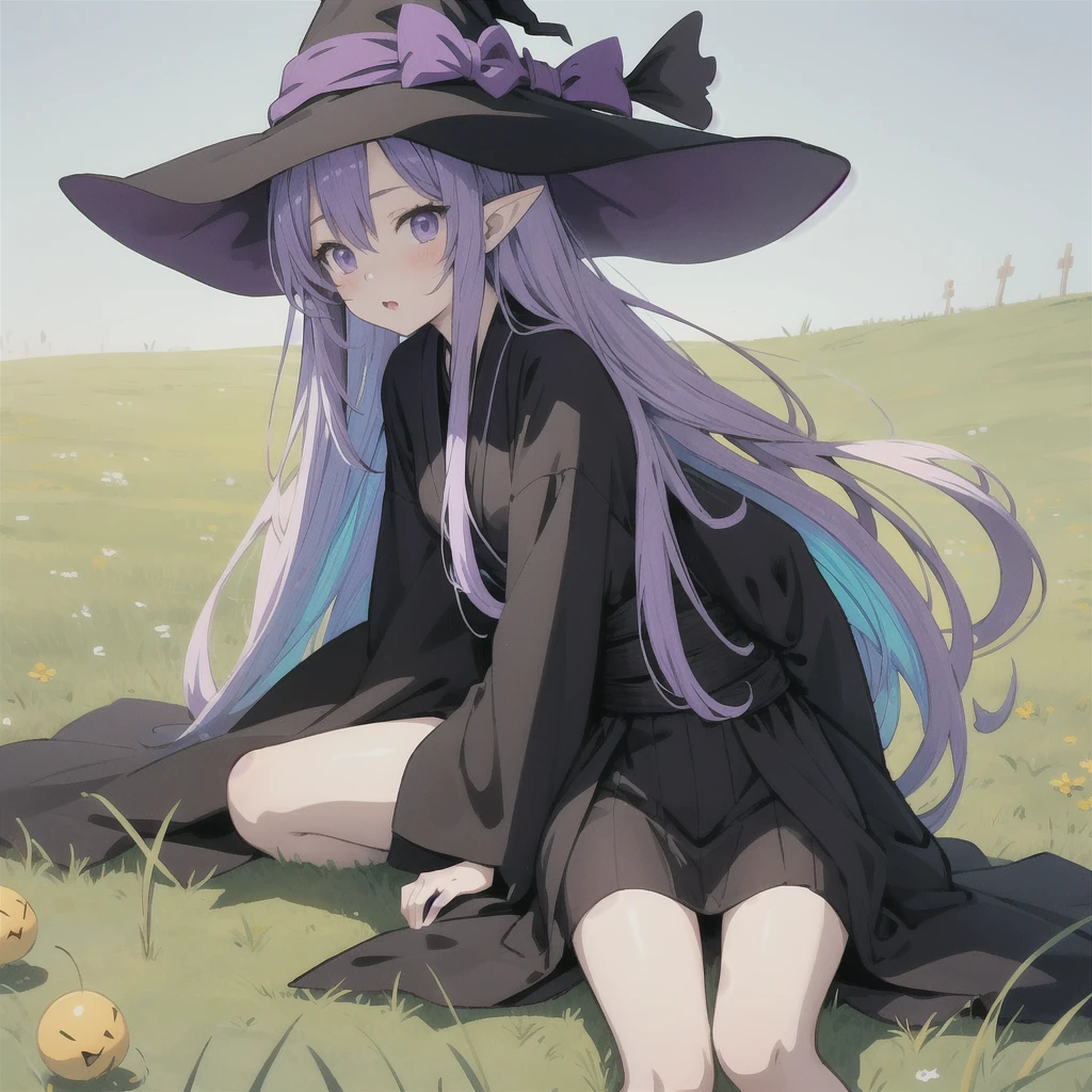 anime girl long purple hair wearing a black Robe. she has pointy ears. Witch Hat. Manga kawaii. iridescent ,An illustration, 0ne person .Sitting in the grass, hair blowing in the wind