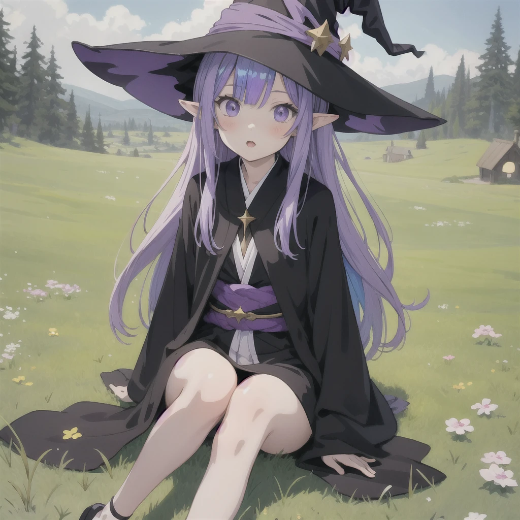 anime girl long purple hair wearing a black Robe. she has pointy ears. Witch Hat. Manga kawaii. iridescent ,An illustration, 0ne person .Sitting in the grass, hair blowing in the wind