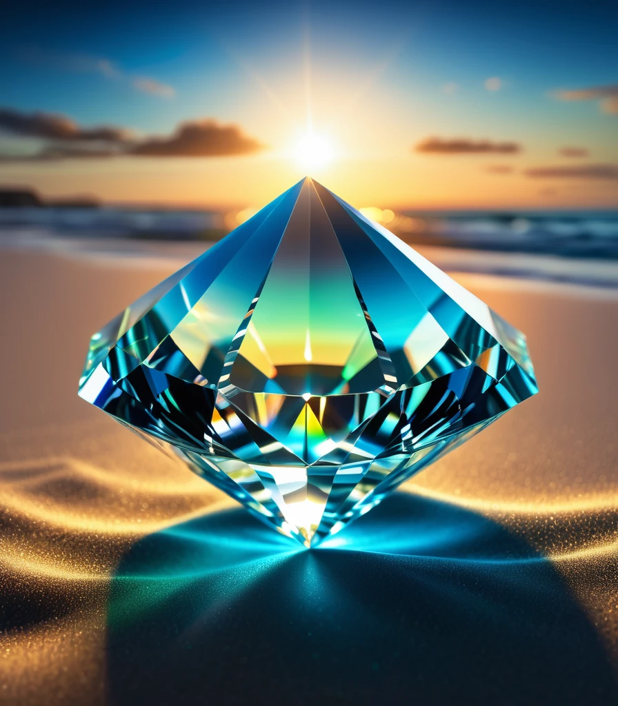 a large diamond jewel on the sandy beach with a black background, radiant light beams, chromatic aberration, broken prism, refraction, light caustics, detailed illustration, bioluminescent, colorfull, glow,