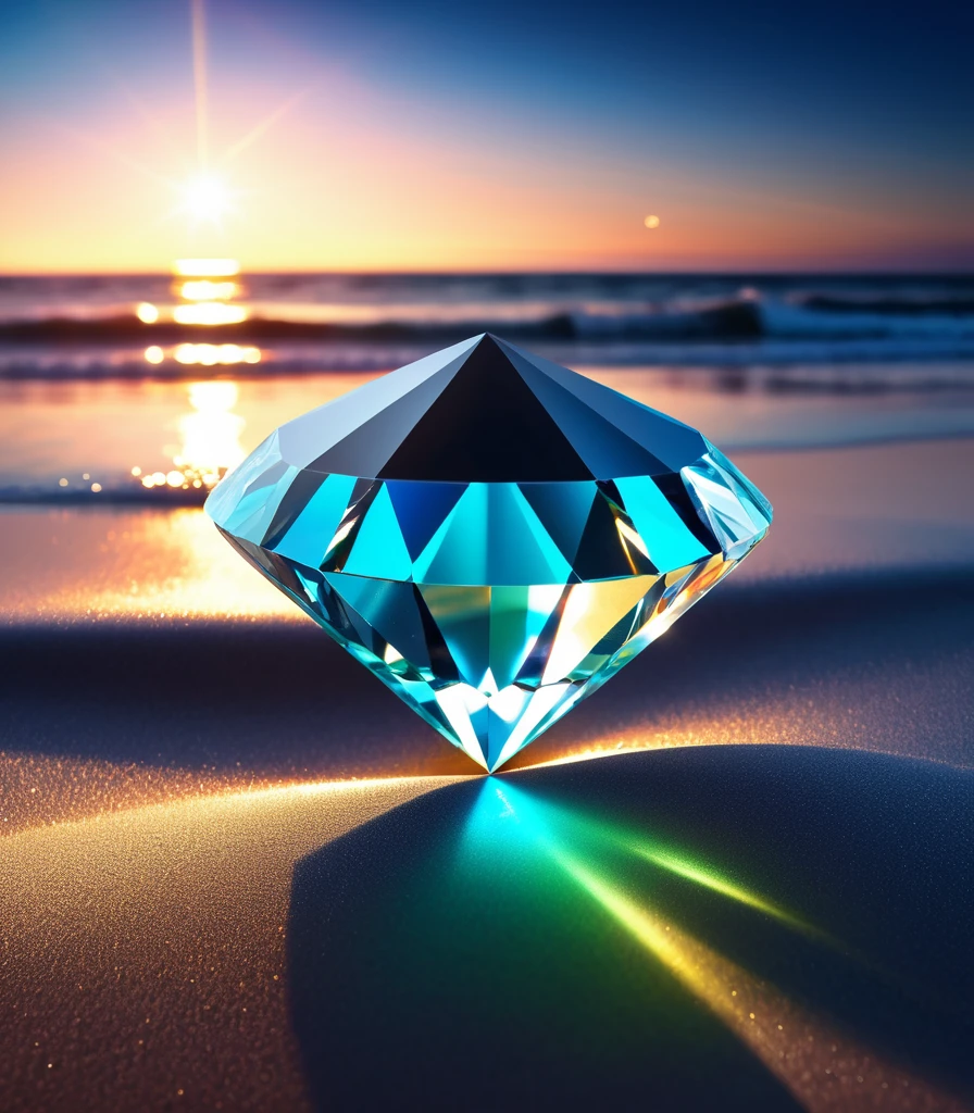 a large diamond jewel on the sandy beach with a black background, radiant light beams, chromatic aberration, broken prism, refraction, light caustics, detailed illustration, bioluminescent, colorfull, glow,
