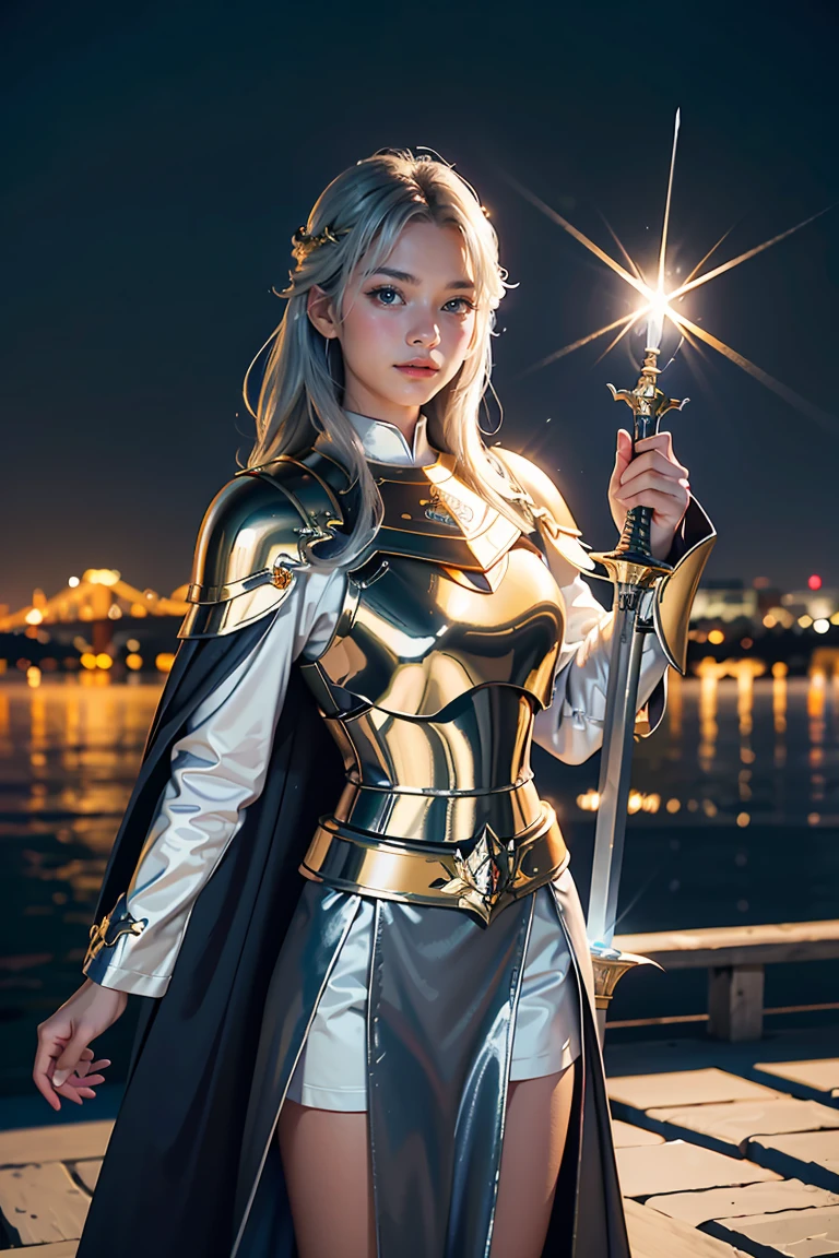 (masterpiece, best quality), A paladin holding a light-infused sword, light magic, divine, mage aura, silver and gold, 4k, dark cityscape, Fujifilm