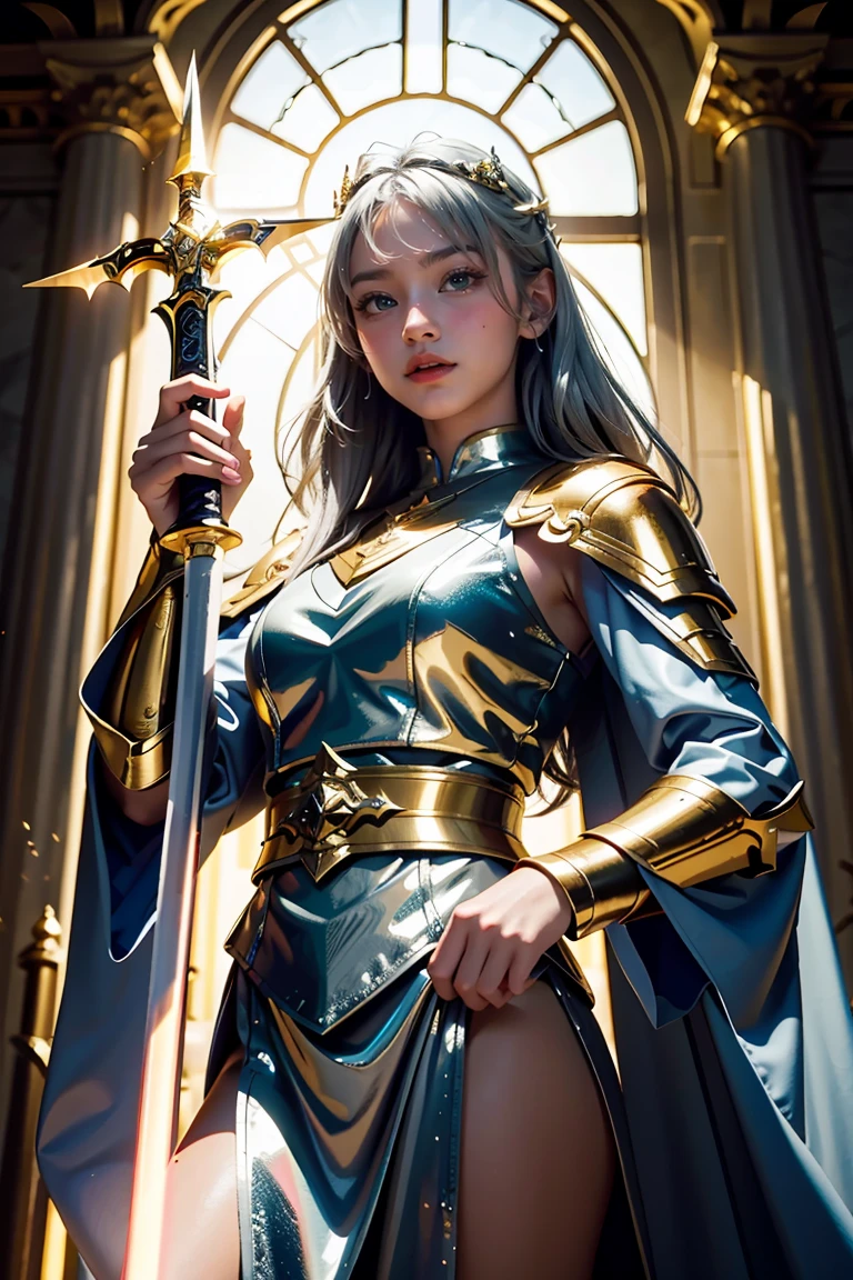 (masterpiece, best quality), A paladin holding a light-infused sword, light magic, divine, mage aura, silver and gold, 4k, dark cityscape, Fujifilm