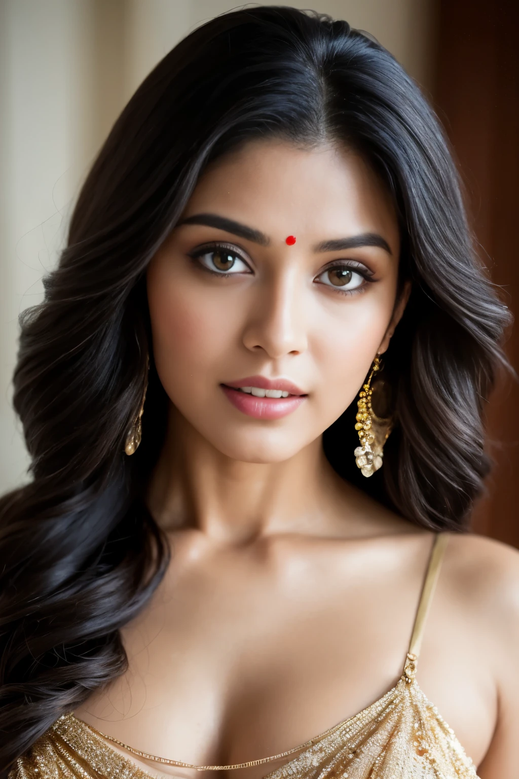 ((Best quality, 8k, Masterpiece :1.3)), A captivating Indian woman, defined as beautiful, sexy, hot, cute, and attractive, is the subject of this masterpiece. She is bare, showcasing her natural beauty, with an emphasis on her toned physique. Her skin is flawless, with highly detailed textures and a stunningly realistic appearance. Her eyes, framed by bold, thick eyebrows, sparkle with a fiery intensity, capturing the viewer's gaze. Her hair, a cascade of silky black waves, falls in loose curls around her shoulders, emphasizing her delicate features. She is poised, confident, and her nudity