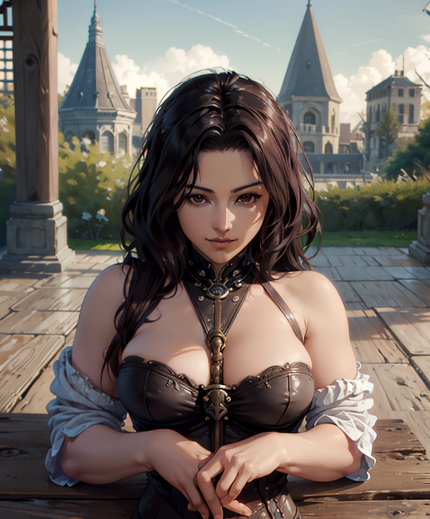 (((Luxurious shoulder length dark hair and sexy smirk.))) (((18 years old.))) (((18yo.))) (((Cute smirk.))) (((Single character image.))) (((1girl))) Generate a character for a fantasy setting.  This is a female character who looks like a medieval fantasy setting character.  She looks like an ad adventurer for a fantasy setting plagued by pirates.  She looks like an NPC ally.  She looks like a tough and capable character. Background is dark and eerie.  She looks like Chloe Vevrier as a fantasy adventurer. She is sexy and confident.  best quality:1.0,hyperealistic:1.0,photorealistic:1.0,madly detailed CG unity 8k wallpaper:1.0,masterpiece:1.3,madly detailed photo:1.2, hyper-realistic lifelike texture:1.4, picture-perfect:1.0,8k, HQ,best quality:1.0, best quality:1.0,hyperealistic:1.0,photorealistic:1.0,madly detailed CG unity 8k wallpaper:1.0,masterpiece:1.3,madly detailed photo:1.2, hyper-realistic lifelike texture:1.4, picture-perfect:1.0,8k, HQ,best quality:1.0, 