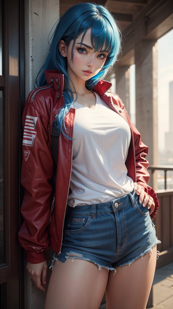Optimus Prime human woman with red jacket and white shirt with blue hair and blue eyes