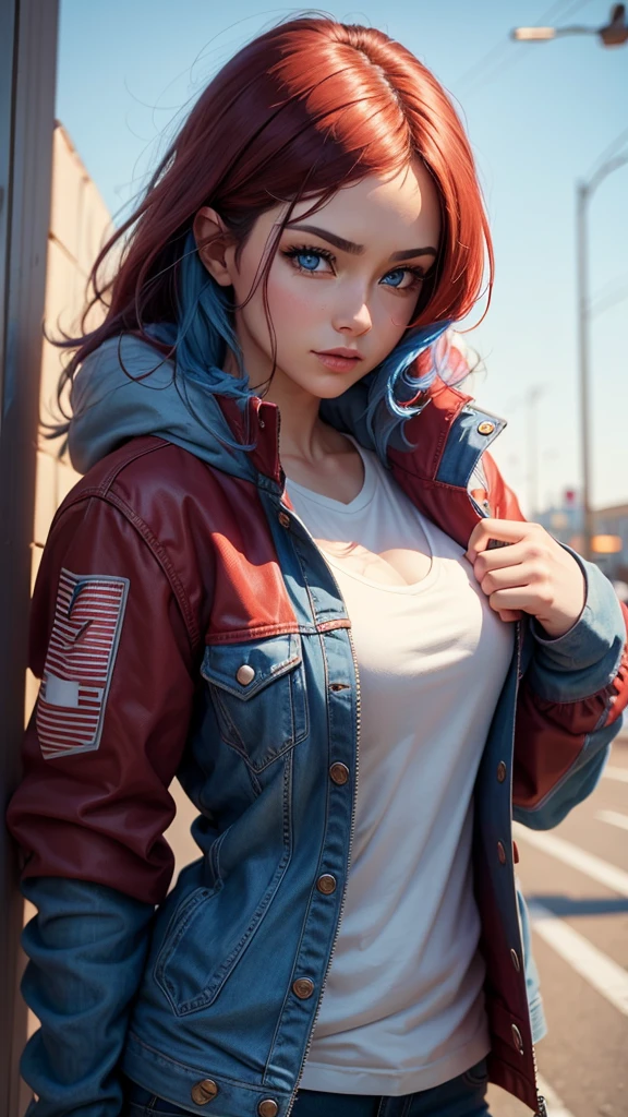 Optimus Prime human woman with red jacket and white shirt with blue hair and blue eyes