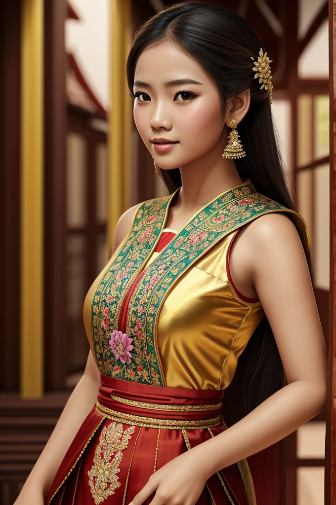 masterpiece, best quality, a perfect face, 1girl, high ponytail, black hair, wearing a gorgeous sari, nearby the taj mahal, smiling, realistic, photorealisitc, close shot, 8k, taken by a nikon camera
