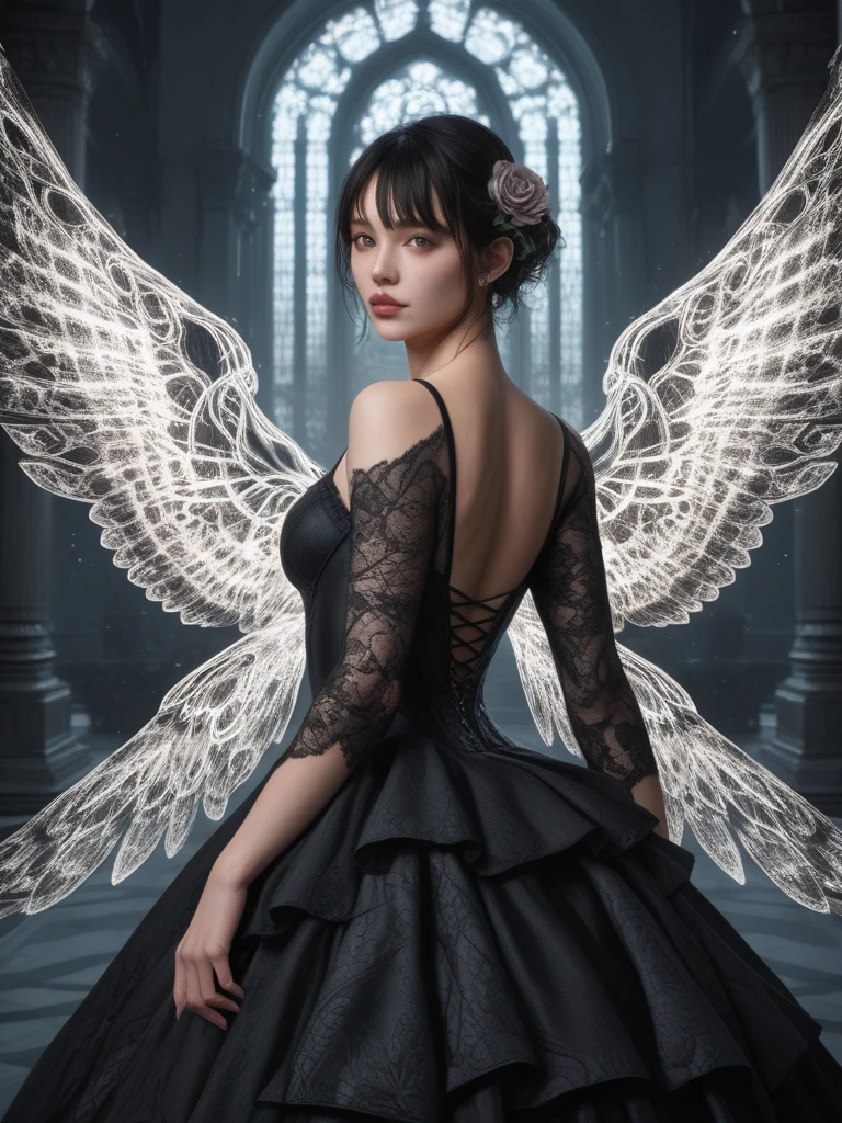 a beautiful flower angel, futuristic gothic style, extremely detailed face and body, anime-inspired, photorealistic, cinematic lighting, intricate floral patterns, ethereal wings, dramatic pose, moody color palette, volumetric light effects, hyper-realistic textures, ornate gothic architecture, stunning digital art