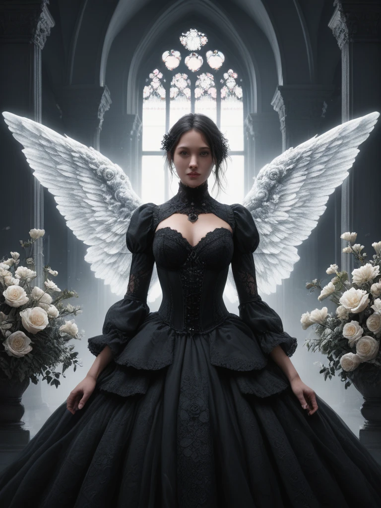 a beautiful flower angel, futuristic gothic style, extremely detailed face and body, anime-inspired, photorealistic, cinematic lighting, intricate floral patterns, ethereal wings, dramatic pose, moody color palette, volumetric light effects, hyper-realistic textures, ornate gothic architecture, stunning digital art