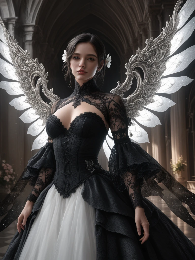 a beautiful flower angel, futuristic gothic style, extremely detailed face and body, anime-inspired, photorealistic, cinematic lighting, intricate floral patterns, ethereal wings, dramatic pose, moody color palette, volumetric light effects, hyper-realistic textures, ornate gothic architecture, stunning digital art