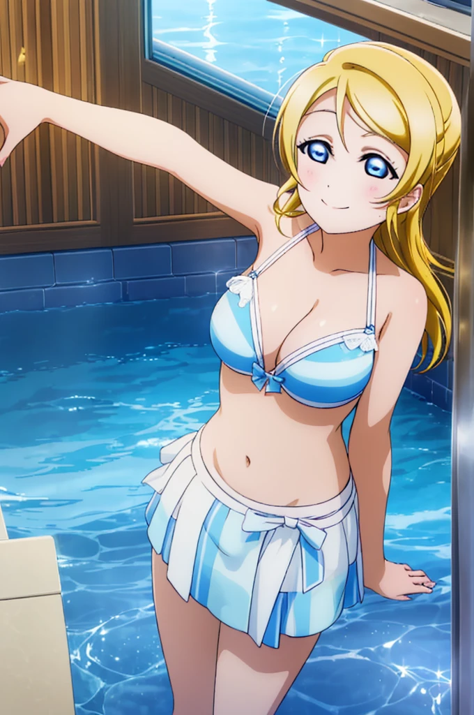 (((pixel-perfect, detail-perfect))), solo, 1girl, Eli ayase, smile, eyes azzur, hair blonde, sauna, armpit, bikini, large extreme filesize, ultra High Qality