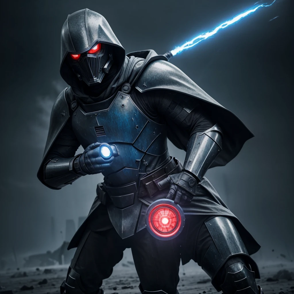 Advance heavy armored make, grey hood and cape, making a metal hand sign, background dark space battlefield, heavy rain, red short hair, blue glowing beautiful eyes, (full body shot), blue glowing lined simple armor plate, dark environment, high detailed face, Advance mask, intense war,