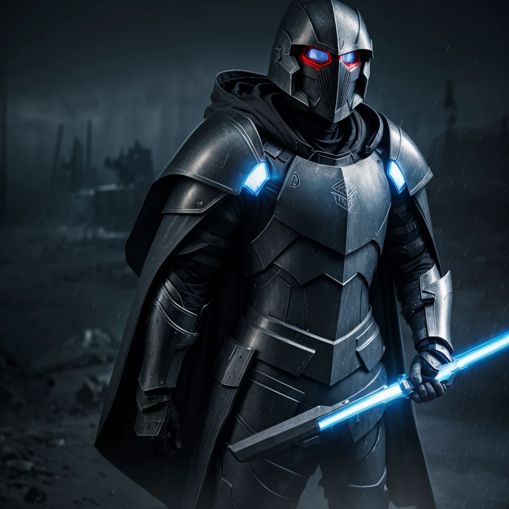 Advance heavy armored make, grey hood and cape, making a metal hand sign, background dark space battlefield, heavy rain, red short hair, blue glowing beautiful eyes, (full body shot), blue glowing lined simple armor plate, dark environment, high detailed face, Advance mask, intense war,
