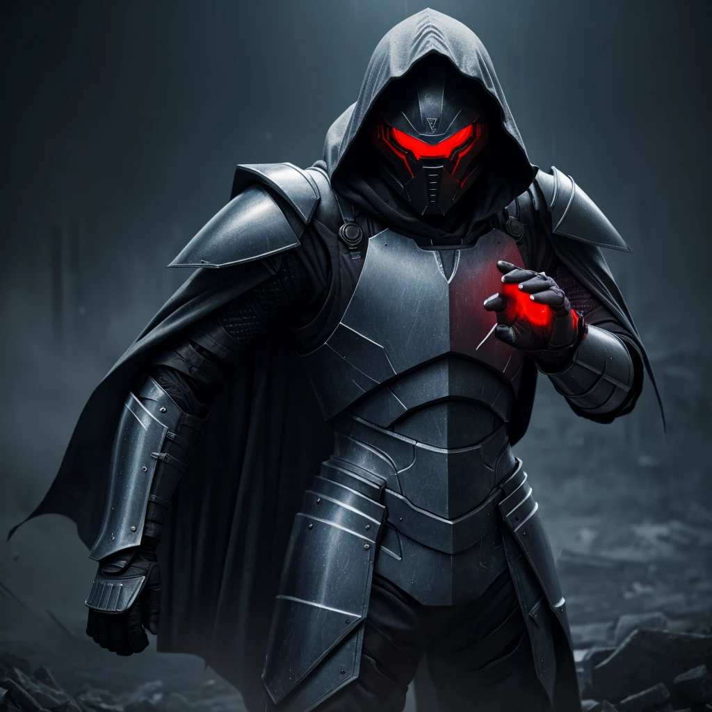 Advance heavy armored make, grey hood and cape, making a metal hand sign, background dark space battlefield, heavy rain, red short hair, blue glowing beautiful eyes, (full body shot), blue glowing lined simple armor plate, dark environment, high detailed face, Advance mask, intense war,