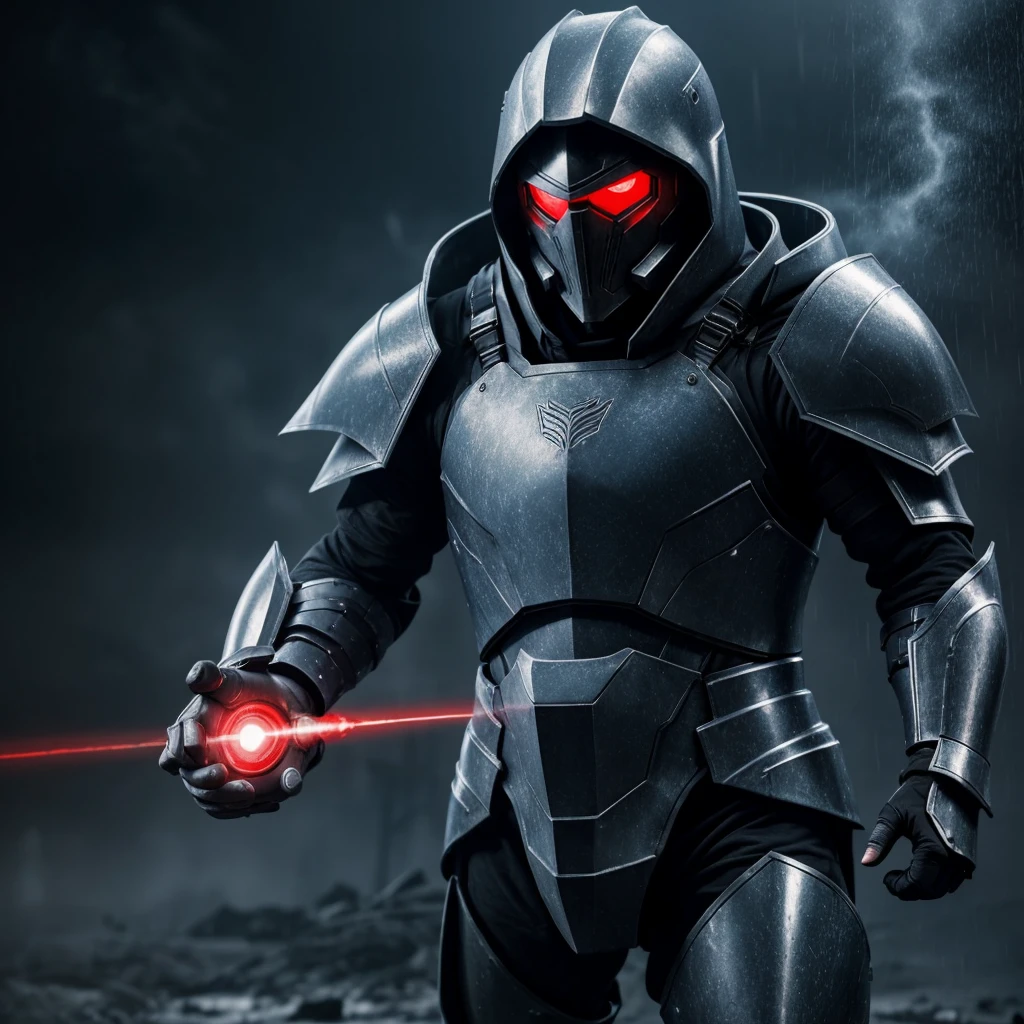 Advance heavy armored make, grey hood and cape, making a metal hand sign, background dark space battlefield, heavy rain, red short hair, blue glowing beautiful eyes, (full body shot), blue glowing lined simple armor plate, dark environment, high detailed face, Advance mask, intense war,