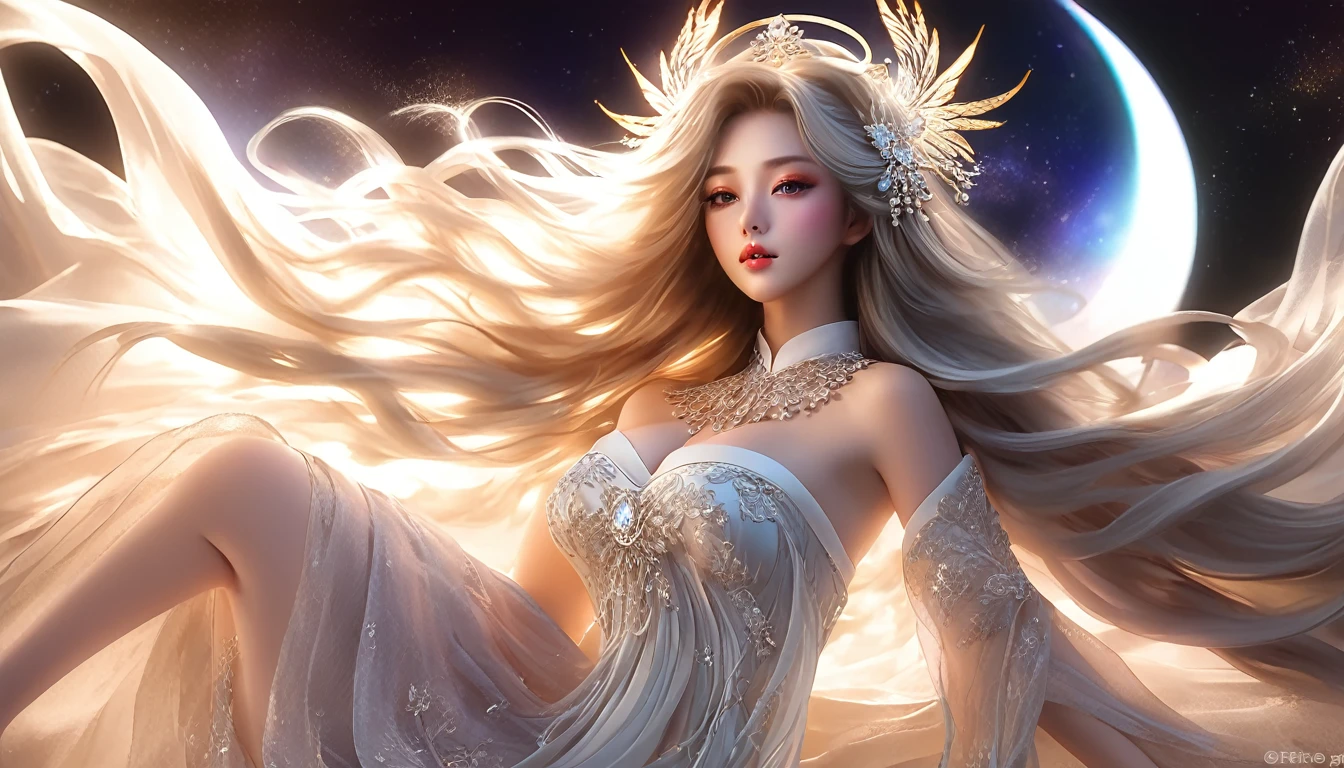 Woman in transparent dress,Viewer,(((Full breasts, Keeley University))),Slim waist,(Navel exposed,Bare waist), Long hair, extreme detailed details, Detailed fantasy art, Stunning character art, Beautiful and exquisite character art, Beautiful transparent dress, Very detailed, Girl wearing flowing Hanfu, Exquisite headpieces and jewellery,Crystal jewelry filigree, galaxy, Stunning visuals, (Dynamic Stripes, light rail:1.2), Vibrant colors,Long hair动漫女孩和狐狸, 美丽的白金色Angel女士, 白毛Angel, Beautiful character painting, Beautiful anime portrait, Angel翅膀的女孩, a beautiful Angel woman, Mystical artwork, Guweiz, by Ren Renfa, Angel, Large Breasts，Full breasts，Golden ratio figure，Perfect body，Ultra wide-angle shooting，Full body shot，Body close-up，Full body shot，Wearing a pleated tulle skirt，Soft anime illustration, Soft dark background，Fujifilm XT3 Clear focus, f 5.6, High Detail, Clear focus, Dramatic, (Wearing openwork clothing), (Looking at the audience:1.8), (Natural light), (Tempting)translucent, Good velvet quality, Compared, Divine Light,, Silver gray hair, Sky background, Absolute Strength,女性Angel，Girl in sexy silk,，Large Breasts，Full breasts，Golden ratio figure，Perfect body，Ultra wide-angle shooting，Full body shot，Body close-up，Full body shot， Wearing a tulle dress, Model shooting style, Large Breasts，Full breasts，Golden ratio figure，Perfect body，(Extremely detailed CG 8k wallpaper unit), The most beautiful artistic photos in the world, , 8K Ultra HD, ) On the big white bed，Lazy gesture，Charming and seductive expression，best quality,masterpiece,Ultra-high resolution,(Practical:1.4),original photo,Ultra-high resolution，White skin，Exquisite makeup，Long legs，Bright beautiful eyes，用深色眼影打造Exquisite makeup，