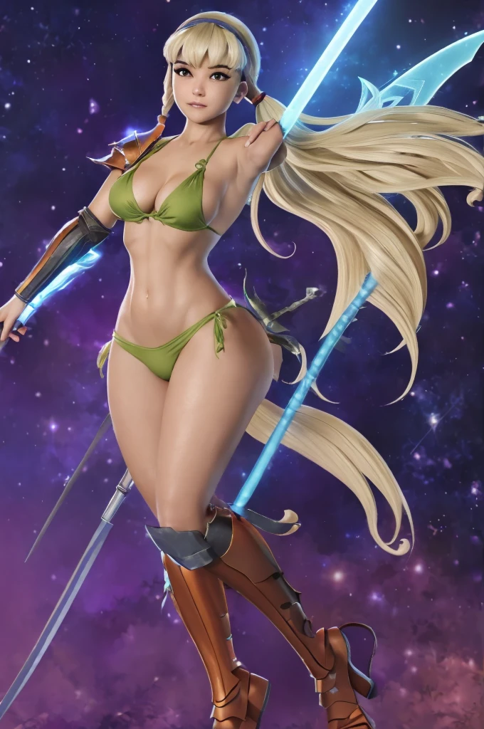 top-quality、ultra-detailliert1 female、(((High-leg armor)))、micro bikini arm with Cleavage View、pony tail hairstyle、Has a huge sword、The background is the forest、Shynes.