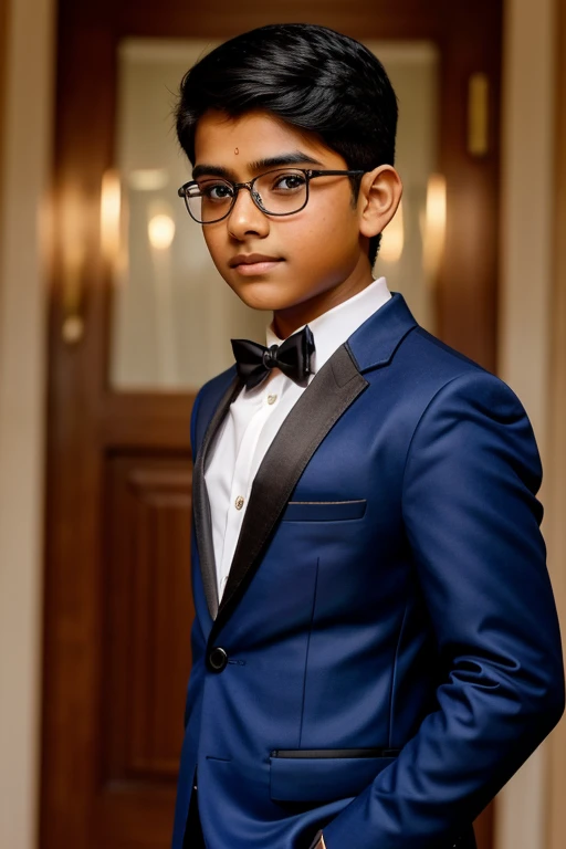 13 year old Indian boy with fair skin wearing spectacles and narrow body posing for a linkadin picture in formal