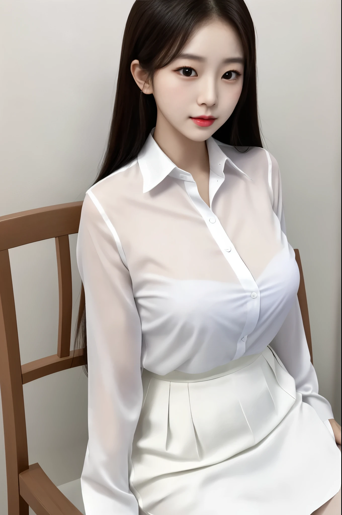 Close-up：A woman in a white shirt sits on a chair, Beautiful young Korean woman, White clothes are transparent, breast，can be seen