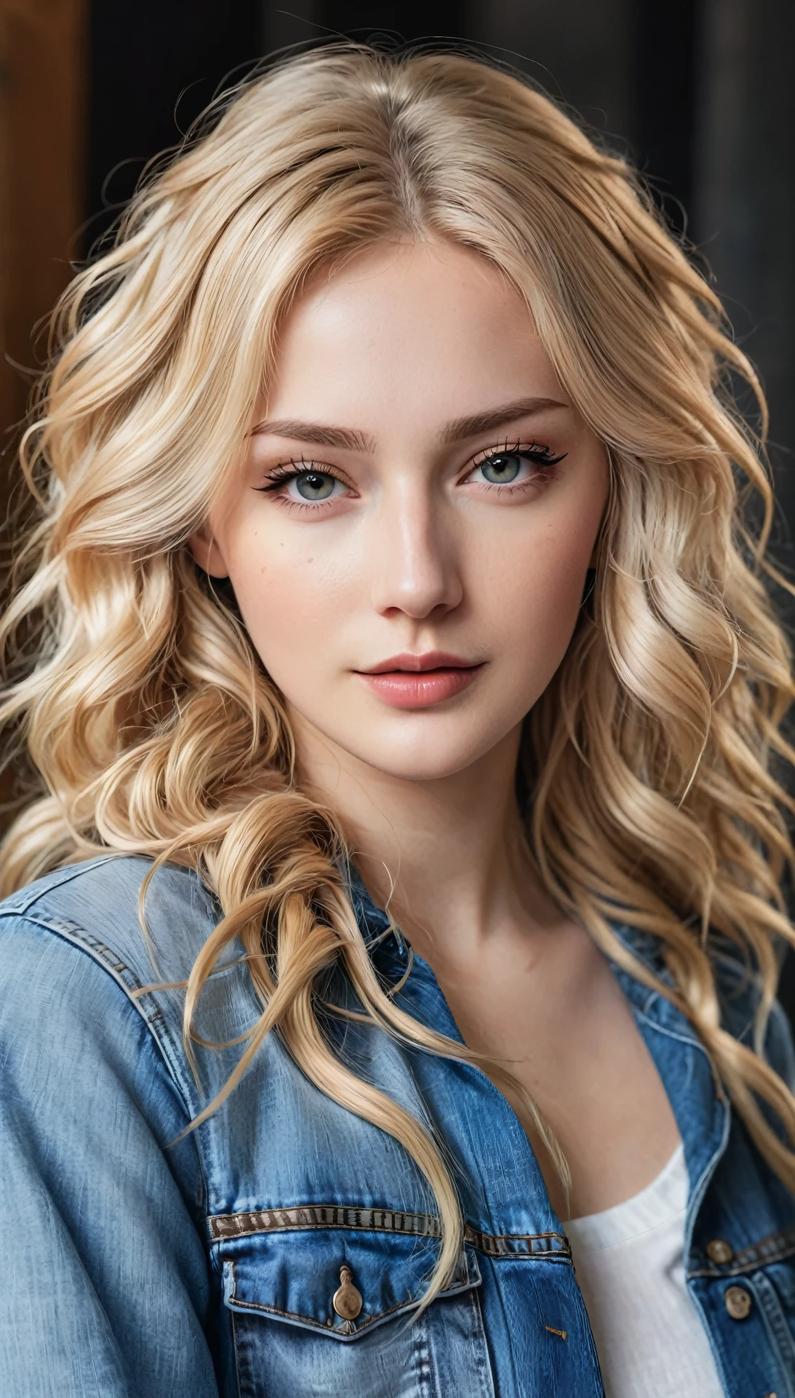 An attractive woman with long, wavy blonde hair, Youngh, semi-tied hair, curved, sexly, cropped rosa, jeans, hyper realistic absurdity, CRU photo, UltraHD 8K, high qualiy, film grain, (highly detailed skin:1.2)