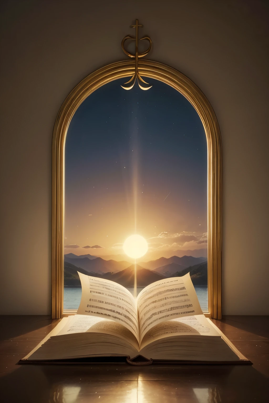 Image Description:

The background of the image should be a serene setting, like a gentle sunset over a mountain landscape or a peaceful lake at dusk.
En el centro de la imagen, an open book, representing the book of Psalms, with pages slightly turned by the wind.
Ao redor do livro, there will be musical notes delicately floating, symbolizing music and praises.
Em primeiro plano, a golden harp, a traditional symbol of worship in gospel music, adding a touch of reverence and tradition.
in the bottom right corner, the channel logo, with the name "Praises Psalms", in an elegant, readable font.
visual style:

Soft, warm colors, like shades of orange, soft gold and blue, to convey a welcoming and spiritual atmosphere.
Soft lighting to emphasize the serene and contemplative aspect of the image.
General Sentiment:

The image should inspire inner peace and a deep connection with spirituality, reflecting the content of the channel dedicated to praises that echo the sentiments expressed in the Psalms.