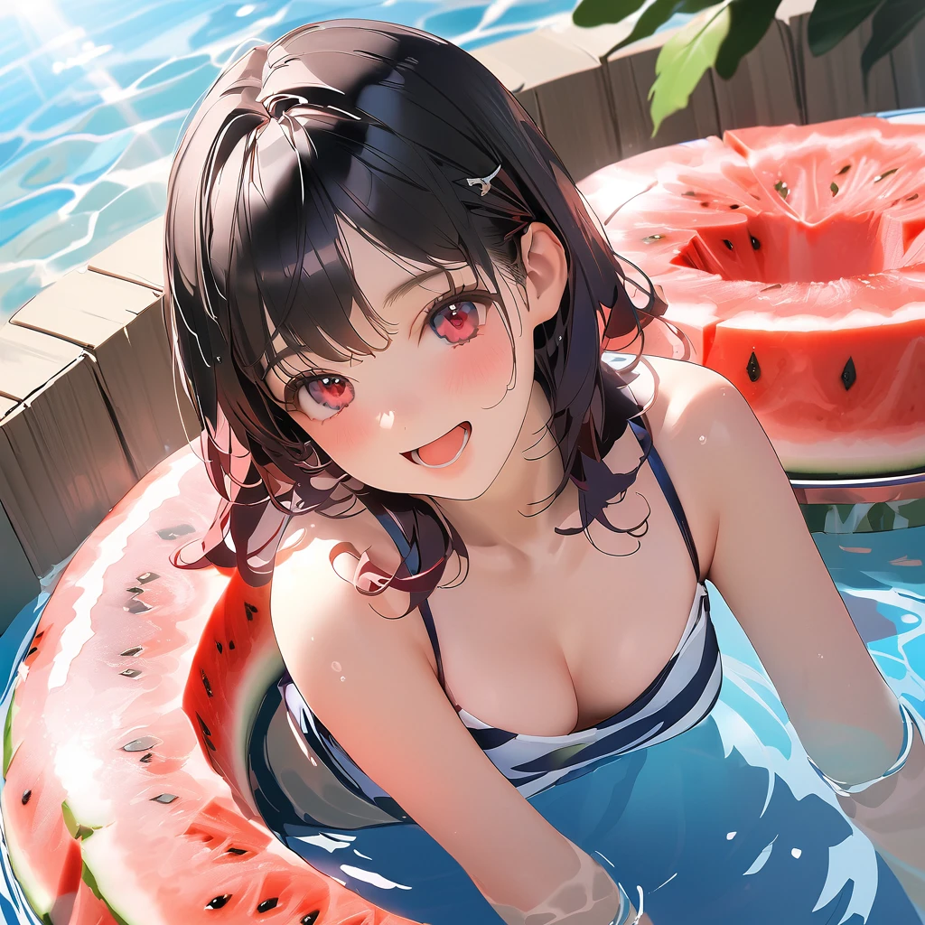 Best Quality, High resolution, Unity 8k壁纸, (Illustration:0.8), Perfect Lighting, extremely details CG, (Perfect hands, Perfect Anatomy),masutepiece, Best Quality, hight resolution, nffsw, Short hair, hair clips, Large breasts,  embarrassed, Blushing, A smile,  Looking at Viewer,  (red bikini:1.3)、(the beach:1.3)、