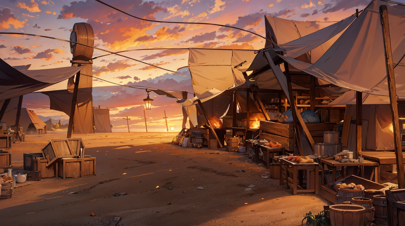 (masterpiece:1.2), (best quality,:1.2), 8k, HDR, ultra detailed, traditional meat market, sand ground, butchery, super big rock farr away, tower made of sharp animal bone, market tents, canopy, market stall, hanging wires, (selling weird foods, odd plants in the wooden boxes, hanged meat in butchery, animal bones, monster meats on the table, goods on the shelf), wooden boxes, wooden barrel, lamp, dawn sky, display case, cloudy daybreak sky, dawn sky, early morning,
