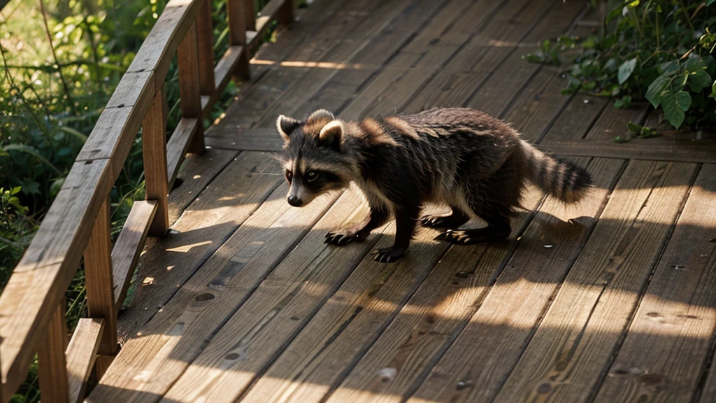 One young raccoon stretches across a wooden deck railing against a lush green background in summer.