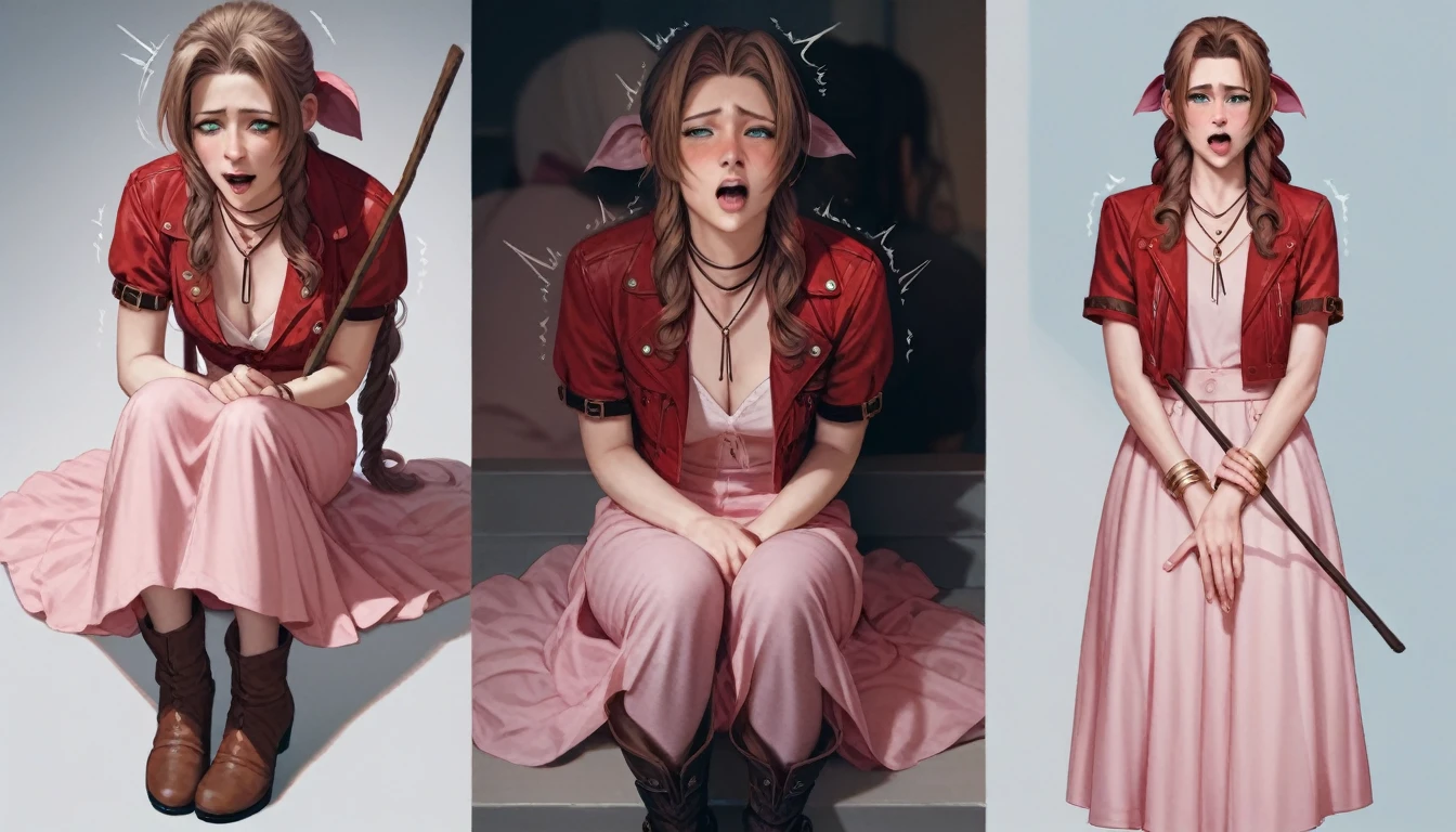 multiple views,Aerith masturbating on her knees,Embarrassed,Open your mouth wide and stick out your tongue,Long skirt,boots,Trembling,Heavy breathing,realistic