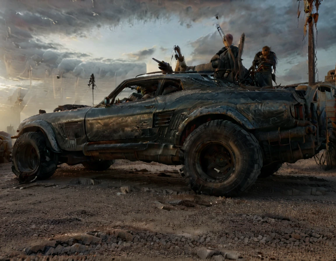 a powerful off-roader, post-apocalyptic, mad max style, weathered and dystopian, desert landscape, dramatic lighting, vibrant colors, gritty and rugged, heavily modified vehicle, massive wheels, spikes and armor plating, menacing presence, cinematic composition, ultra-detailed, 8k, photorealistic, dramatic angles, chiaroscuro lighting, volumetric fog, dust and grime effects, worn and battle-damaged, ominous atmosphere, cinematic depth of field, dramatic color grading, intense shadows and highlights