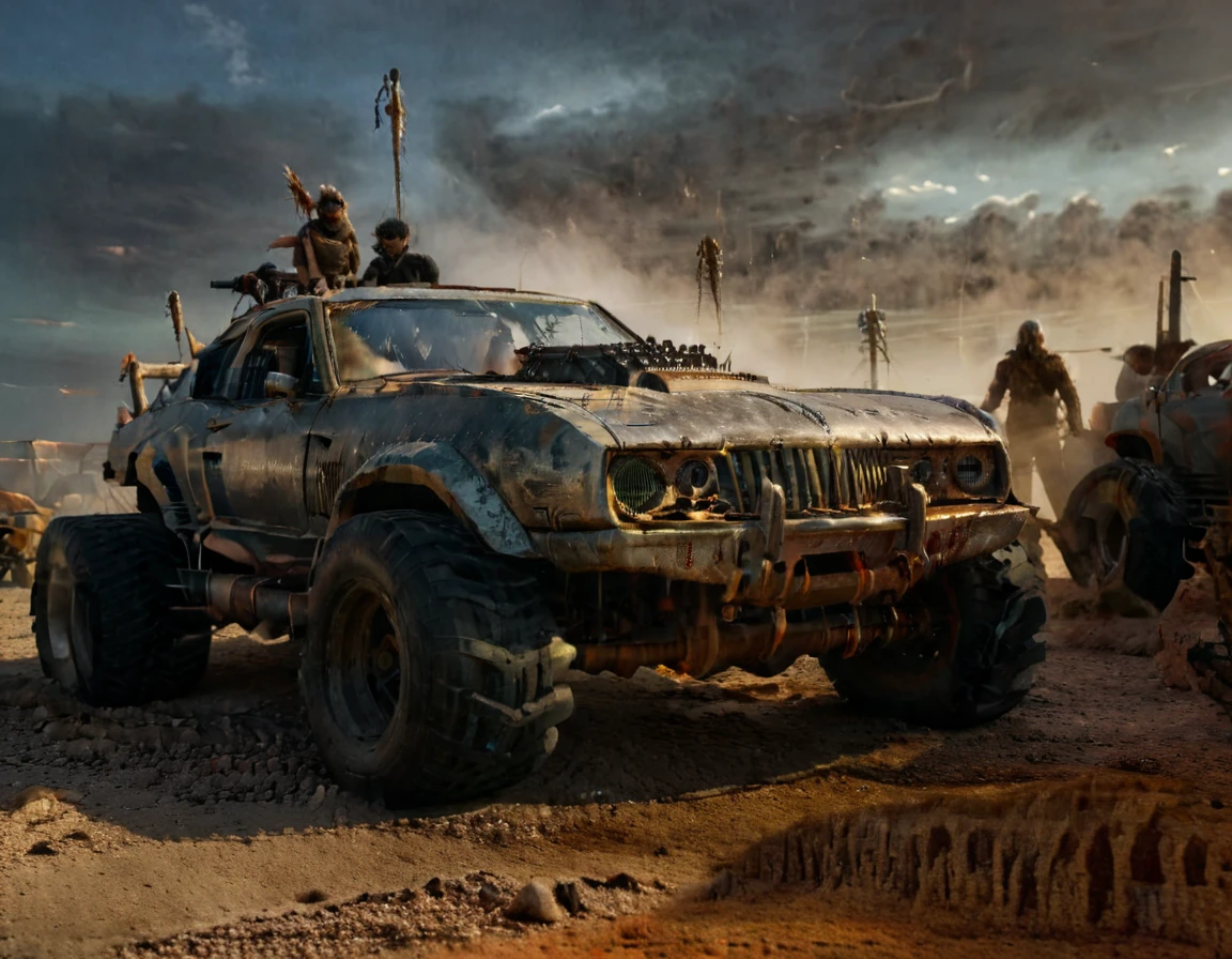 a powerful off-roader, post-apocalyptic, mad max style, weathered and dystopian, desert landscape, dramatic lighting, vibrant colors, gritty and rugged, heavily modified vehicle, massive wheels, spikes and armor plating, menacing presence, cinematic composition, ultra-detailed, 8k, photorealistic, dramatic angles, chiaroscuro lighting, volumetric fog, dust and grime effects, worn and battle-damaged, ominous atmosphere, cinematic depth of field, dramatic color grading, intense shadows and highlights