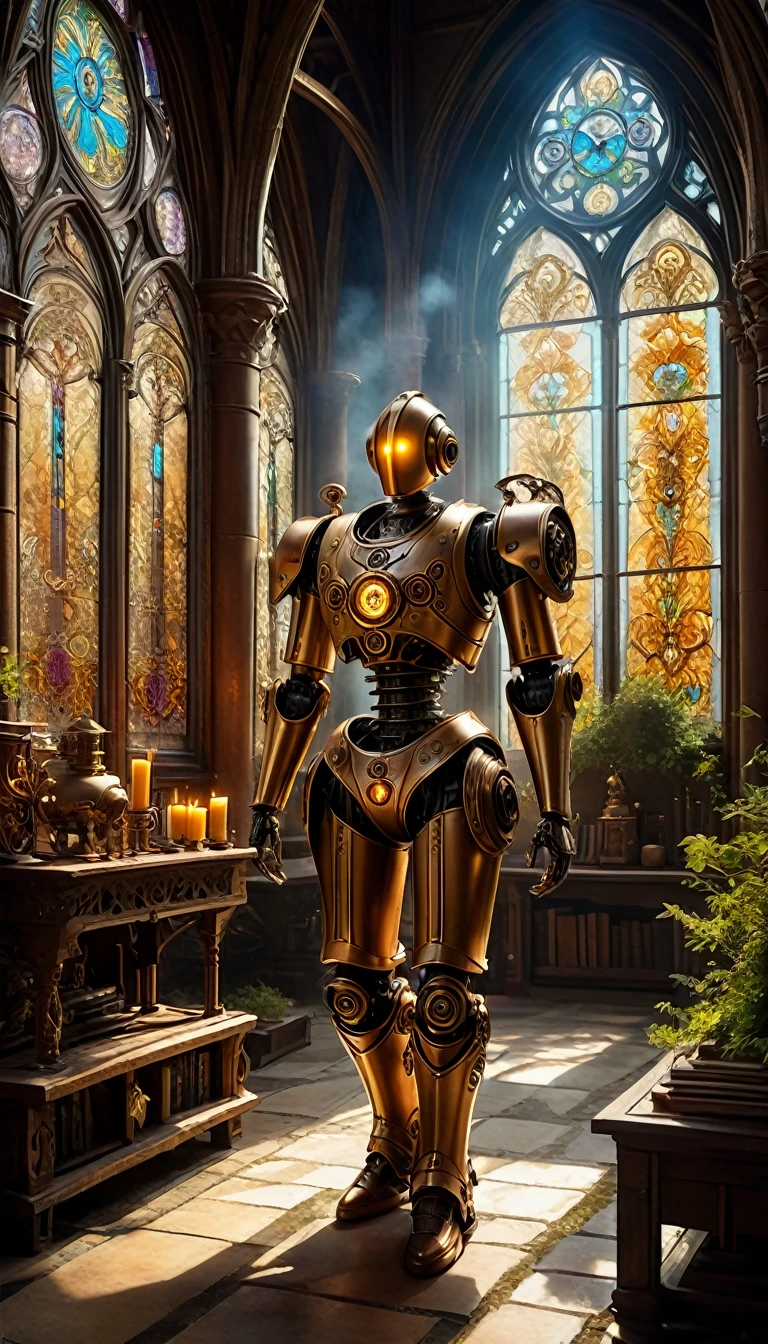 (best quality,4k,8k,highres,masterpiece:1.2),ultra-detailed,(realistic,photorealistic,photo-realistic:1.37),medieval monastery garden,steampunk robot monk,beautiful ornate architecture,steampunk machinery and gears,exquisite stained glass windows,enchanted flower garden,ancient stone walkway with intricate carvings,glowing candles and dimly lit atmosphere,steam and smoke billowing from the machinery,mystical atmosphere,peaceful and serene setting,mechanical wings attached to the robot monk's back,robot monk with intricate clockwork mechanisms,electromechanical eyes glowing with energy,warm golden color palette,gentle sunlight streaming through the stained glass windows,whispering sound of wind and rustling leaves,the scent of aged books and incense,notes of ancient Gregorian chants echoing in the air,sense of awe and tranquility,combination of futuristic and medieval elements,harmony of technology and spirituality. face that is a merge of Scarlett Johanson, Alison Brie, Selena Gomez.
