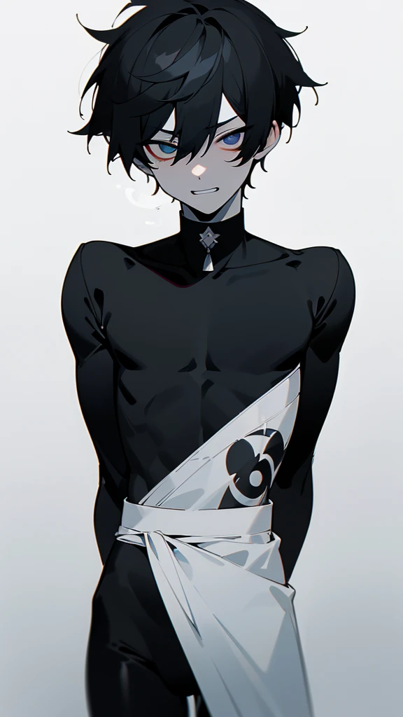 {{{Artist:finch_(blanc1771)}}},artist:beiremian:1.3,artist:damyu:1.3,a mucless boy with large_penis and erect under clothes,,Flat color,strong sense of wrapping,a boy wears smooth without wrinkles and tight-fitting black unitard,the boy puts arms behind back and stand an attention,Bulge,(((masterpiece))), ((((((best quality)))))),slim:1.3,(rubber:1.2),silky clothes:1.5,no muscle:1.3, protruding crotch, slender, balanced composition,((expressive lines:1.3)), minimalistic beauty,((artist:Ebitendon:1.4)),(anime boy:1.3),wholesome,minimalistic,((anime style:1.4)), megaman,
,(tied to bed),white background:1.2,(black sweat:1.3),wet,venom,((twink:1.4)),expressive eyes, perfect face, ((finedetail)),(cinematic lighting),((ultra detailed)),((8k_wallpaper)),(((highres))),((beautiful detailed eyes)),(short hair),((male:1.6)),(((male face:1.2))), The image depicts a young boy,
(((((male focus))))) ,1boy,boy,clear shape,((Asian boy)),(depth_of_field),((soft and clear lines)),grim, (evil grin:1.4),solo,(arms behind back:1.2),(black eye bags),solo,(black),horny, corruption,corrupted,villain, Dark, Sinister, Malevolent, Cruel, Ruthless, Vicious, Deceptive, Treacherous,Merciless, Sadistic, Malicious, Nefarious,Wicked, Insidious, Bags under eyes,((extremely dark:1.2)),((male body:1.3)),(muscleless:1.2),jock,heavy breathing,caelus(honkai:star rail),chongyun(Genshin impact),dark hair,dark eyes,(blank eyes), manhwa uke, 