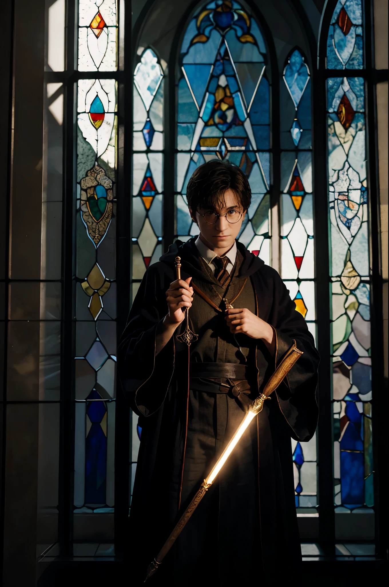 An illustration for a book about Harry Potter, standing against the background of a large stained-glass window, he is dressed in a traveling robe and holding a magic wand, his face is focused, his posture is tense, he is ready to fight evil.