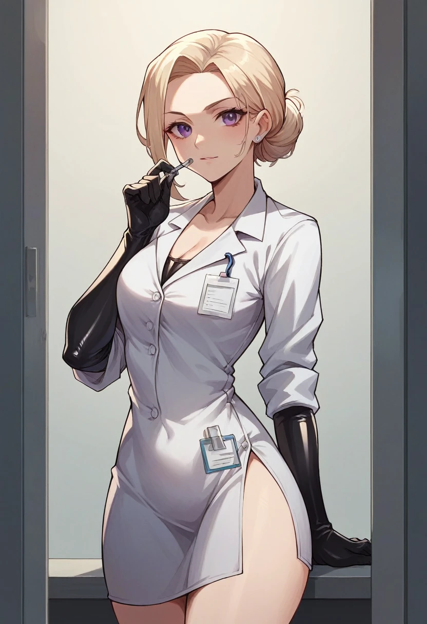 1girl, light hair, ((black elbow gloves)), ((surgical gloves)), ((latex gloves)), ((long sleeves)) ((purple surgeon outfit)), looking at viewer, ((doctor)), standing, solo